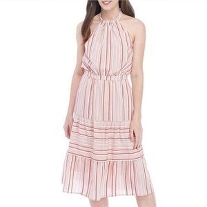 Kaari Blue Coral Tan Striped Halter Tier Dress Size Small Petite NWOT
